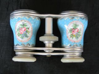 Antique Porcelain French Enamel Floral Painted Opera Glasses / Binoculars