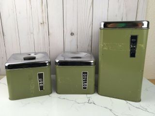 Vintage Mid Century Metal Tin Kitchen Canister Set Coffee Tea Sugar Green