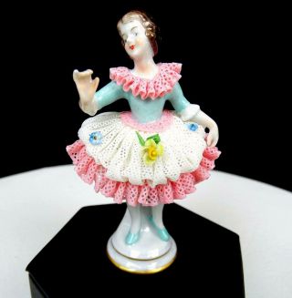 Volkstedt Porcelain Dresden Lace Pink & White Ballerina 4 " Figurine 1945 - 1951