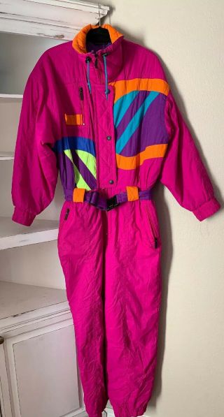 Vintage Tyrolia By Head One Piece Snow Ski Suit 14 Womens Colorblock Pink
