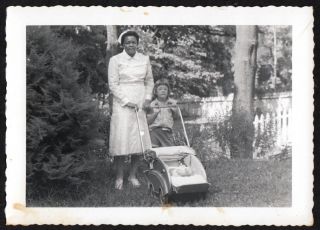 Stoic Black Nanny Woman W Nerdy White Girl & Baby Doll 1950s Vintage Photo
