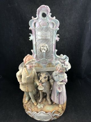 Large Victorian Bisque Statue Children And Dog At A Fountain 18 "