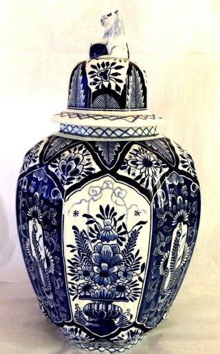 Delft 15” Lidded Ginger Jar,  Hand Painted Cobalt Blue & White Florals.  Vintage.