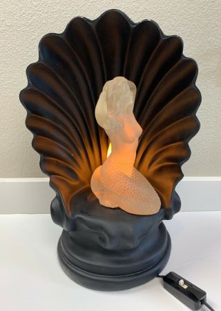 Art Deco Rotating Lucite Nude Mermaid Color Changing Black Seashell Lamp Vintage
