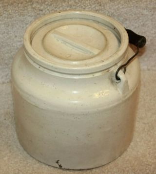 Antique 1800 ' s Stoneware Crock With Lid and Wire Bail Bale with Wooden Handle 2