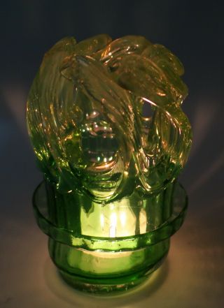 Antique Victorian Green Vaseline Opalescent Glass FAIRY LAMP Night Light Candle 3