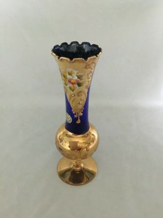 Murano Vintage Cobalt Blue 7” Bud Vase W/gold Enamel Design