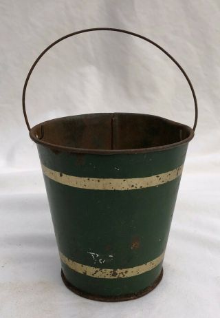 Small 4” Antique Toy Tin Litho Sand Pail W/wire Bale Handle Green & Gold C1920s