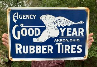 Vintage Large 24 " Goodyear Rubber Tires Porcelain Sign Akron Ohio