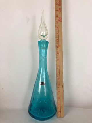 Large Vtg Bischoff Glass Mid Century Hand Blown Blue Controlled Bubble Decanter
