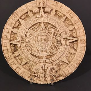 Vintage Aztec Sun Calendar Carved Stone Mayan Wall Art Plaque Orig Paper On Back