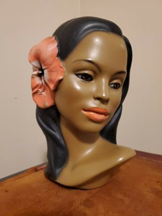 Vintage Marwal Chalkware Hawaiian Hulu Girl Polynesian Bust Hibiscus In Hair 9.  5