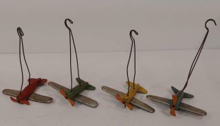 Vintage Tin Litho Airplanes (4) With Hangers – May Be From Toy Carnival Ride