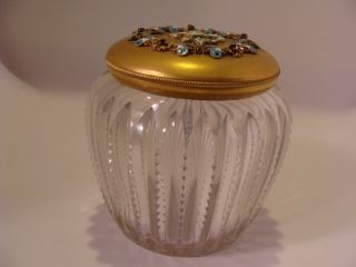 Antique French Cut Glass Powder Box Lid Gold Filled W Stones 1850 - 1899