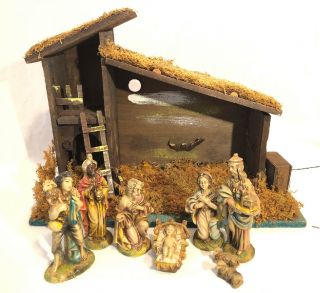 Antique Vintage Nativity Set 8 Figures Made In Italy W Manger