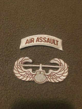Set Of 2: Air Assault Wings Badge Patch 3 " And Air Assault Tab In Desert Tan