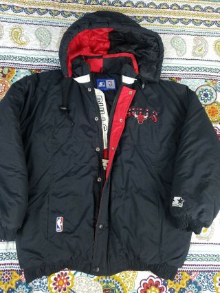 Chicago Bulls Starter Vintage Hoodie Puffer Jacket Mens Sz L 90s Coat Big Logo