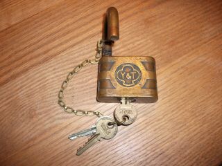Antique Yale & Towne Mfg.  Large Solid Brass Padlock With Keys And Chain.