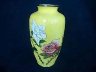 Vintage Japanese Cloisonné Vase Yellow With White And Red Roses