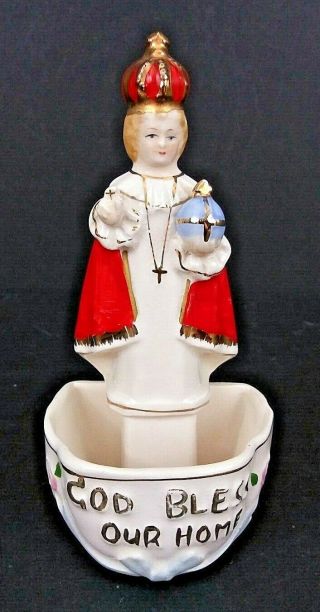 Infant Of Prague Holy Water Font Hand Painted Porcelain Standing Wall Hanging