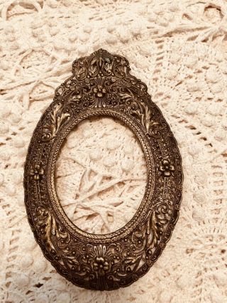 Vintage French Gold Gilt Roses Bow Crest Filigree Ormolu Miniature Photo Frame
