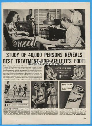 1945 Mennen Quinsana Athletes Foot Powder Ad Doctor Looking At Womans Foot Swim