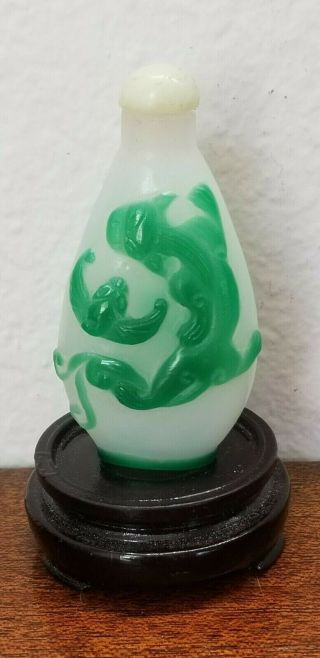 Antique Chinese Snuff Bottle Peking Glass Carved Dragon W/ Bat,  Mutton Jade Top