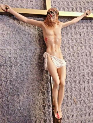 Vintage/ Antique 5 " X 10 " Brass/metal Hanging Cross Crucifix Very Detailed Inri