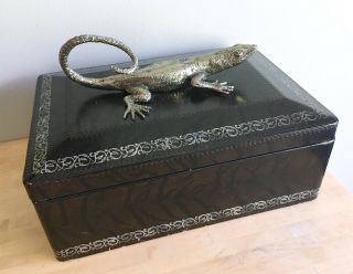 Rare Vintage Maitland Smith Large 14x10” Brown Leather Box Metal Lizard Topper