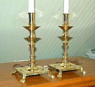 Pair Brass Candlestick Lamps Candle Holders Pair Colonial Williamsburg Lion Feet