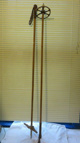 Vintage/antique Bamboo Ski Poles,  51.  5 " Leather,  Grips,  Straps,  Baskets Bamboo/leath