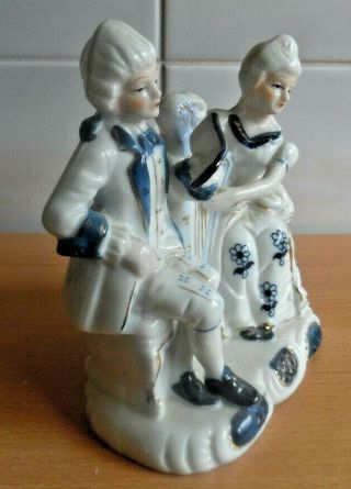 PORCELAIN BLUE AND WHITE LADY & MAN in 18TH CENTURY DRESS with HARP.  14cms 2