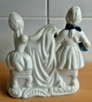 PORCELAIN BLUE AND WHITE LADY & MAN in 18TH CENTURY DRESS with HARP.  14cms 3