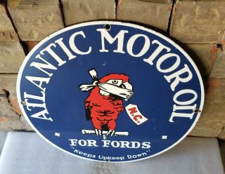 Vintage Atlantic Gasoline Porcelain Service Station For Fords Pump Plate Sign