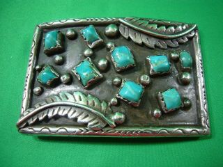 Vintage Heavy Sterling Belt Buckle With Turquoise