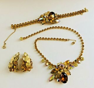 Vintage Juliana Gold Topaz Rhinestone Necklace Bracelet & Earrings Parure