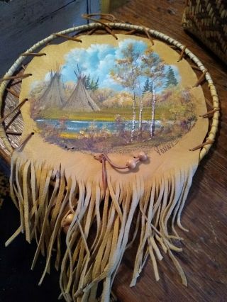 Vintage Native American Navajo Buckskin Oil Painting Signed 1970s Awesome