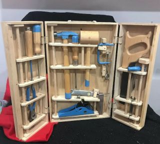 Vintage Blue Wood Child’s Tool Kit In Wooden Box Made In Poland