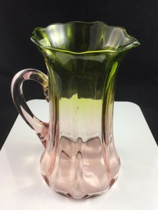Antique Victorian Bohemian Olive Green Fade To Pink Glass 8 5/8 " Paneled Pitcher