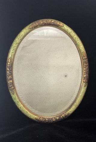 Antique Oval Wall Hanging Mirror Floral Green 1920s Art Nouveau Glass