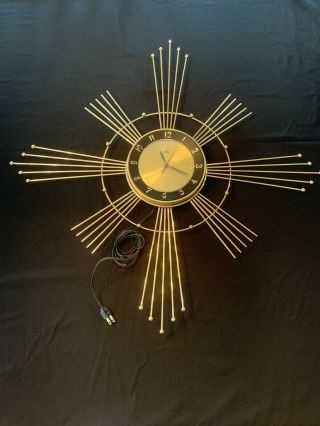 Vintage Retro Lux Starburst/sunburst 28 " Atomic Gold Electric Wall Clock 1960 