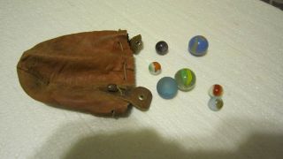 Antique Vintage Large & Small Marbles With Vintage Marble Leather Bag Pouch