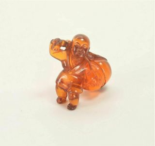 Vintage Chinese Carved Honey Resin Amber Lohan Immortal Man Netsuke Toggle