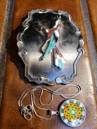 Vintage Roadrunner Bird Belt Buckle And Sterling Necklace