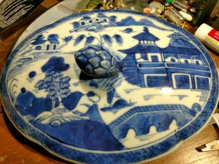 Antique Chinese Cobalt Blue Canton Porcelain Serving Dish Lid W/ Finial