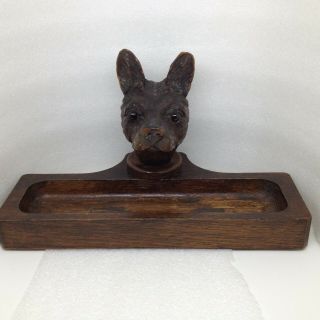 Antique Black Forest Terrier Dog Glass Eyes Desk Dresser Pen Tray Carved Wood