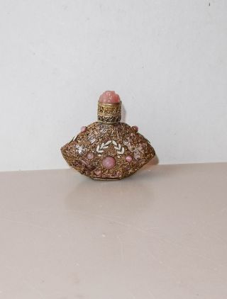 Antique Czech Glass Perfume Bottle Mini Pink Quartz Rose Filigree Enamel