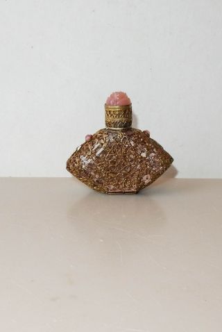 Antique Czech Glass Perfume Bottle Mini Pink Quartz Rose Filigree Enamel 2