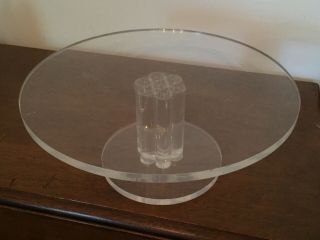 Vtg Mcm Lucite Cake Stand Pedestal Serving Plate Column Round Clear Acrylic Mod
