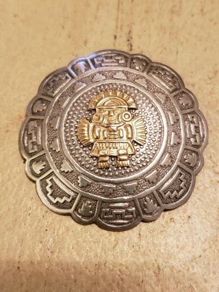 Vintage Aztec Inca Warrior Large Pin Brooch.  925 Sterling Silver & 18k Gold